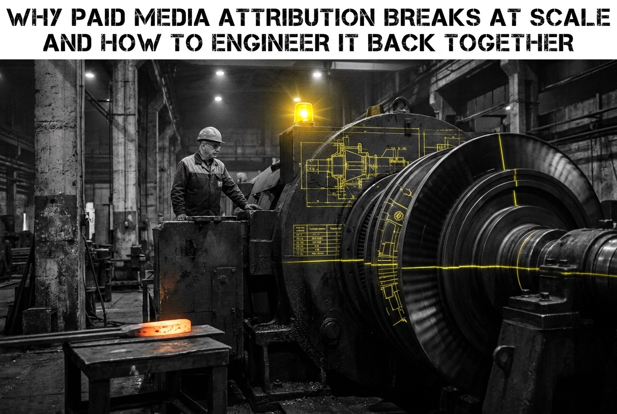 Professional header image for industry analysis: Why Paid Media Attribution Breaks at Scale and How to Eng...