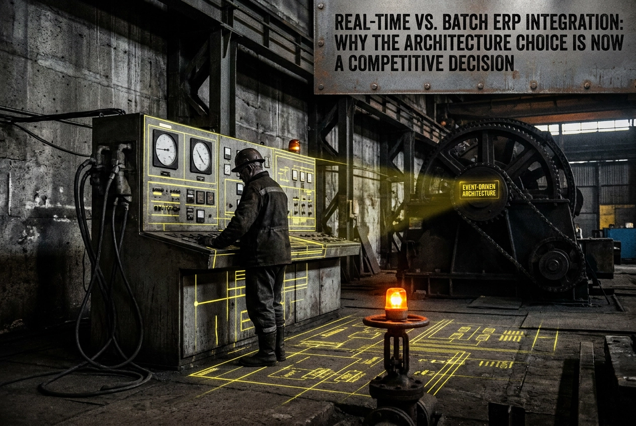 Professional header image for industry analysis: Real-Time vs. Batch ERP Integration: Why the Architecture...